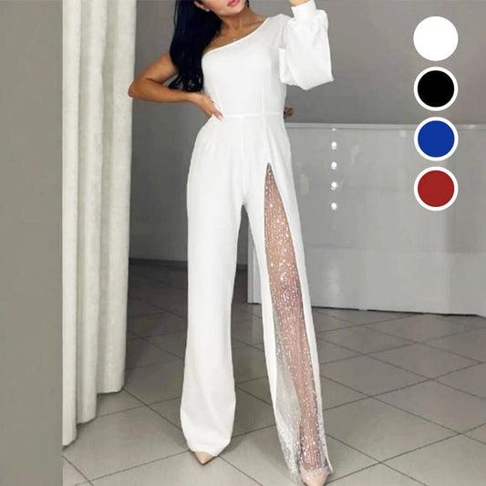 ✨Heißer Verkauf 50% Rabatt✨👠Damen One Shoulder Glitter Mesh Flared Jumpsuit🖤