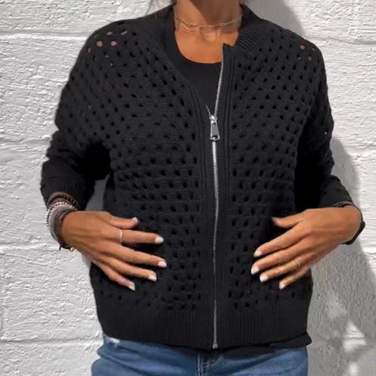 🔥2025 HOT SALE🔥Lässige Damen Strickjacke mit Reißverschluss und hohlem Design👗