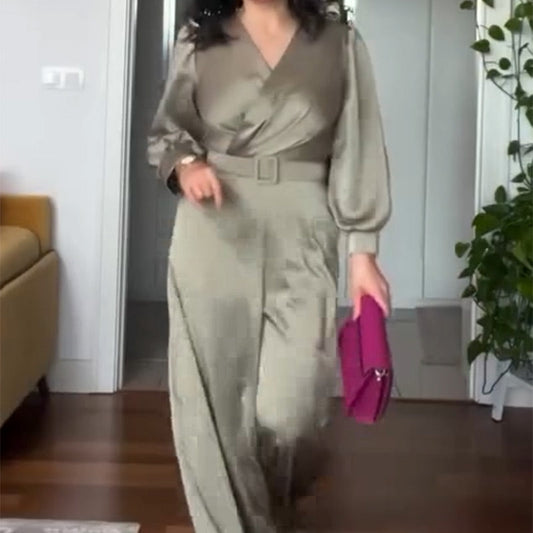 V-Neck Belted Wide-Leg Jumpsuit for Women