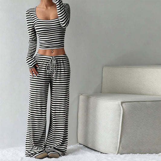 ❄️ LETZTER TAG – 50% RABATT 💖 Gestreiftes Gestricktes Slim-Fit-Top & Weitbein-Hose-Set
