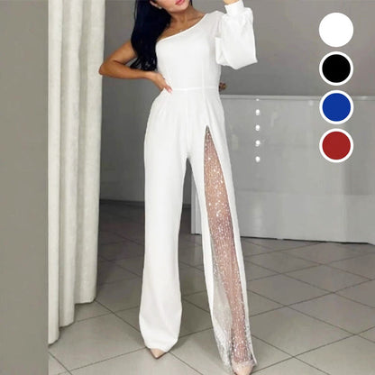✨Heißer Verkauf 50% Rabatt✨👠Damen One Shoulder Glitter Mesh Flared Jumpsuit🖤