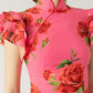 🎉Was soll ich morgen anziehen?🥳 Cheongsam-Stil Maxikleid mit Rosenblüten-Print, gestuften Volantärmeln und Stretch-Stoff.