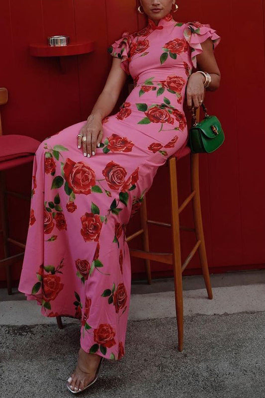 🎉Was soll ich morgen anziehen?🥳 Cheongsam-Stil Maxikleid mit Rosenblüten-Print, gestuften Volantärmeln und Stretch-Stoff.
