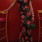 🎉Was soll ich morgen anziehen?🥳 Cheongsam-Stil Maxikleid mit Rosenblüten-Print, gestuften Volantärmeln und Stretch-Stoff.