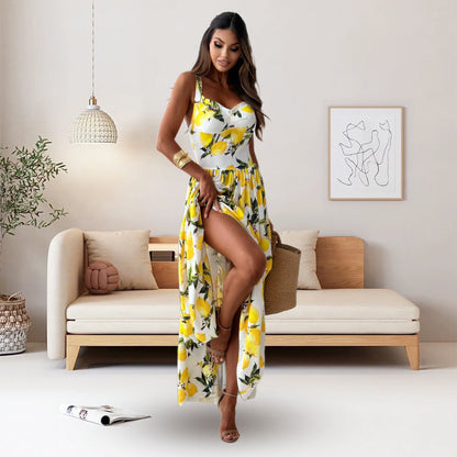 🍋Elegantes, fließendes langes Damenkleid mit Spaghettiträgern und Zitronendruck