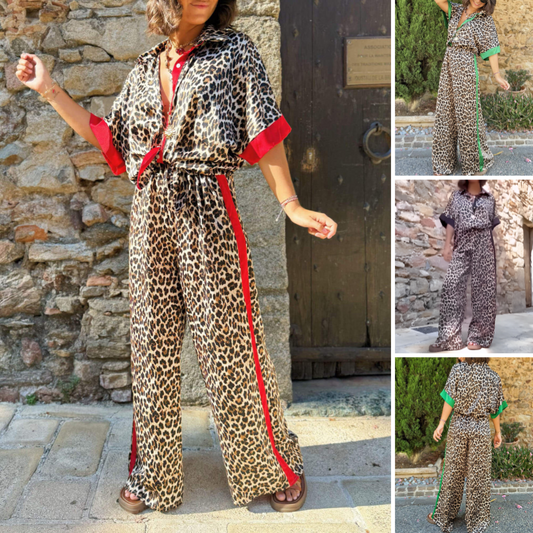 52% RABATT💐 2-teiliges Damen-Outfit mit Leopardenmuster, Button-Down-Hemd und Hose mit weitem Bein