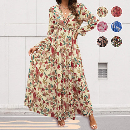 💞Was soll ich morgen anziehen?💞Fließendes Kleid mit Blumenmuster, V-Ausschnitt und langen Ärmeln für Damen