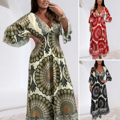 🌸SOMMERANGEBOT - 50% RABATT🌸Damen Retro Boho Maxi Kleid mit tiefem V-Ausschnitt