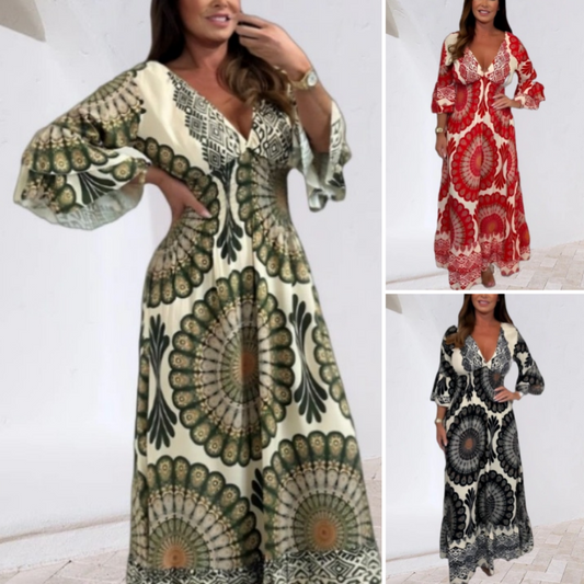 🌸SOMMERANGEBOT - 50% RABATT🌸Damen Retro Boho Maxi Kleid mit tiefem V-Ausschnitt