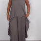 🌸 Set aus plissiertem, kurzärmligem, unregelmäßigem Midi-Top und Hose mit weitem Bein und elastischer Taille
