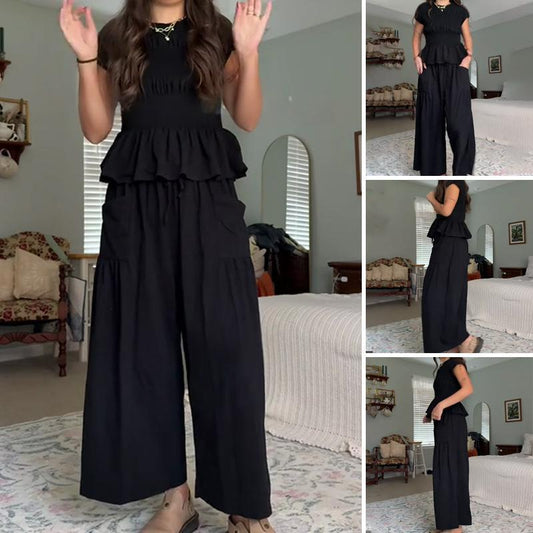 Damen-Zweiteiler: Gesmokte Bluse & Hose mit weitem Bein