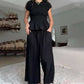Damen-Zweiteiler: Gesmokte Bluse & Hose mit weitem Bein