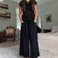 Damen-Zweiteiler: Gesmokte Bluse & Hose mit weitem Bein