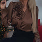 Damen Satin Bluse mit V-Ausschnitt und Rosen-Detail