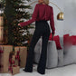 Damen Satin Bluse mit V-Ausschnitt und Rosen-Detail