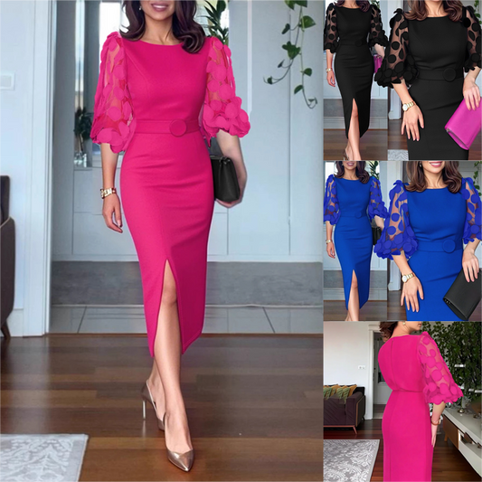 Elegantes Kleid mit taillen- und hüftbetontem Schnitt und Puffärmeln aus Mesh