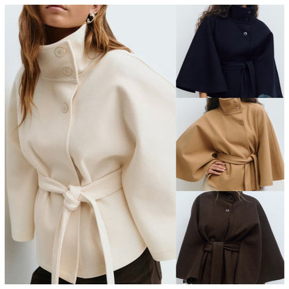 Damen Mantel im Cape-Stil mit Stehkragen und Gürtel