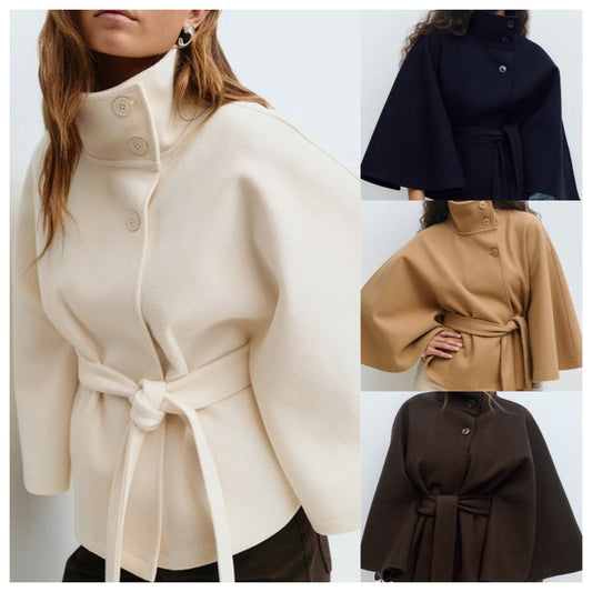 Damen Mantel im Cape-Stil mit Stehkragen und Gürtel