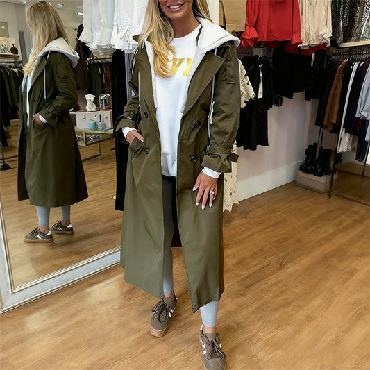Damen-Mantel mit Kapuze, Reverskragen, Fake-Zweiteiler-Optik, lässiger langer Trenchcoat